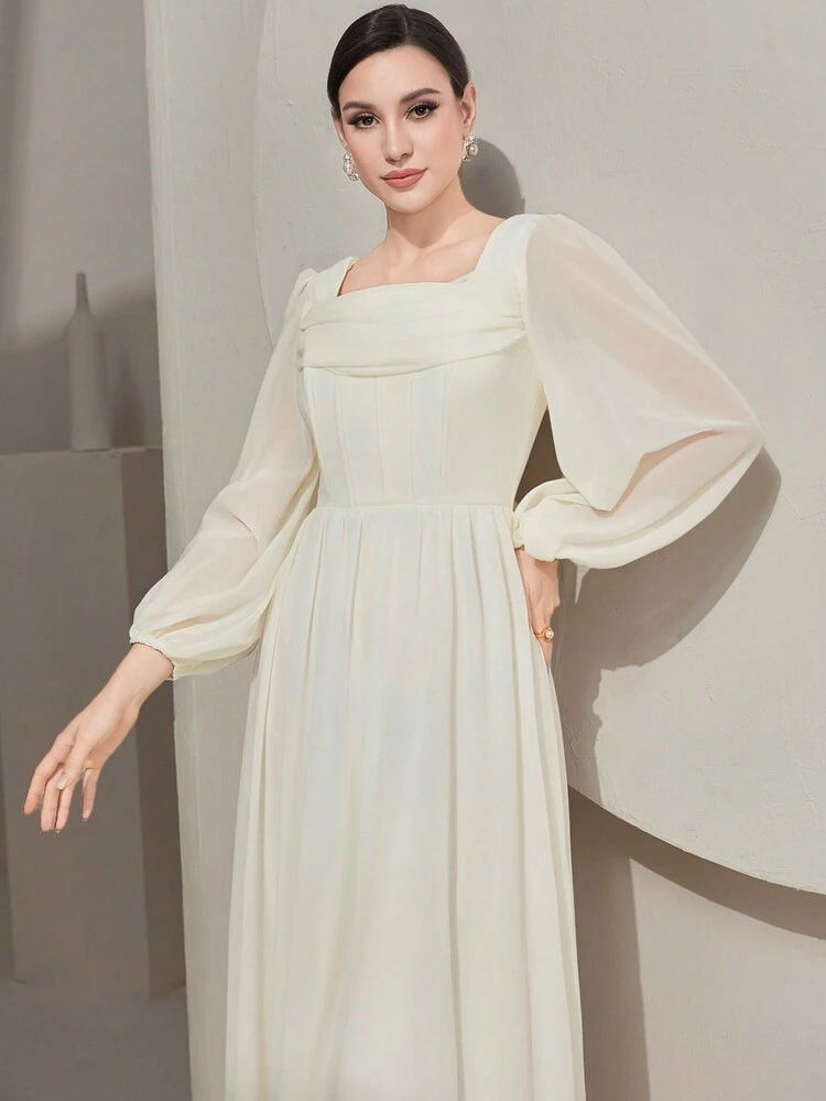 Women'S Solid Color Lantern Sleeve Square Neck Dress Long Evening Dresses Fall Cloth For Women