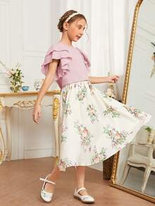 SHEIN Tween女孩荷葉邊圓領上衣&編織花印裙裝 - 淺粉色 - 查看 3