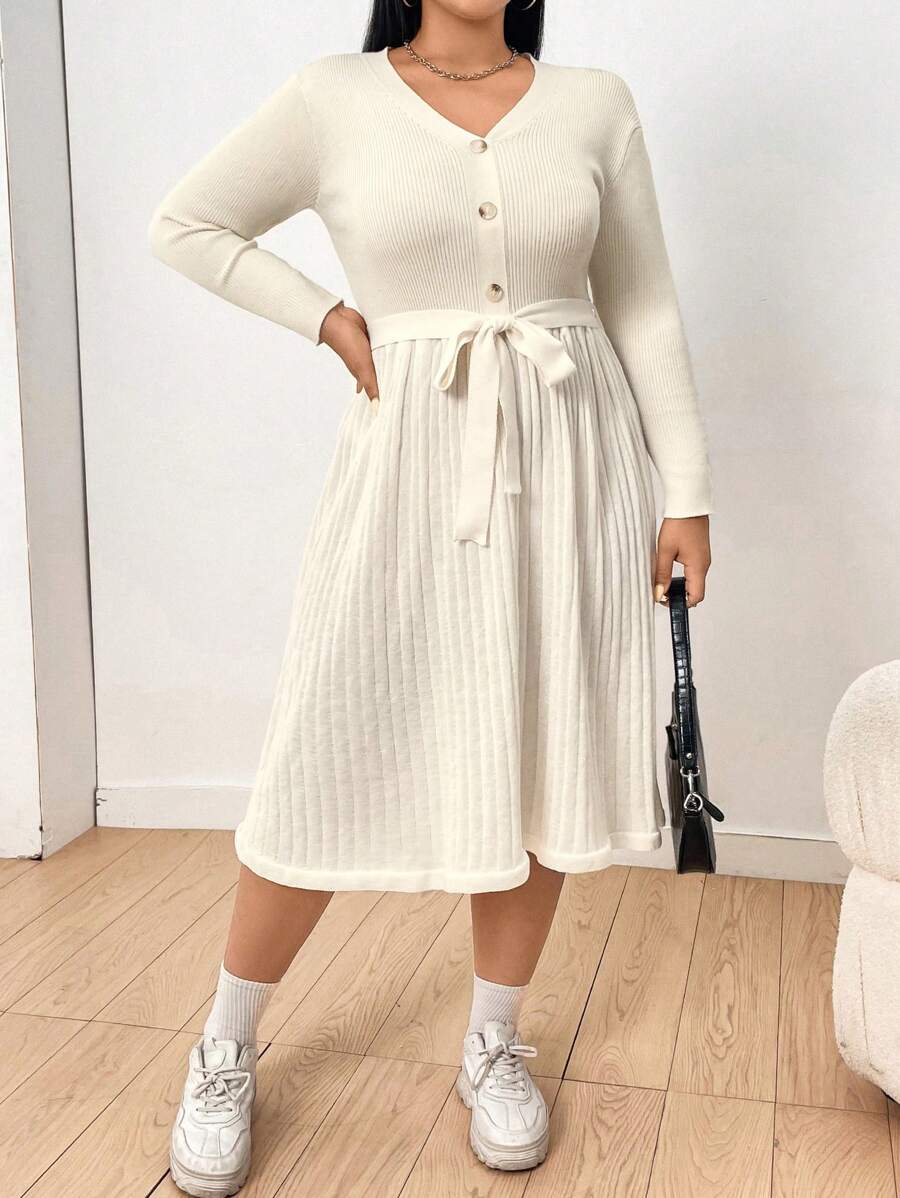 Flirla Plus Size Solid Color Ribbed Knit Sweater Dress Fall Cloth For Women - Apricot - View 1