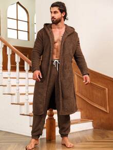 Traje De Hogar Para Hombre De Color Sólido Y Con Forro Polar - Marrón - Ver 3