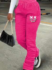 INAWLY Women's Sweatpants With Adjustable Drawstring Waist And Emoticon Print - Hot Pink - View 1