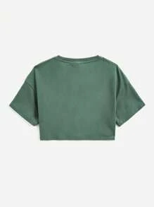 SHEIN Tween 女孩字母印花圓領短版休閒短袖 T 卹 - 青碧色 - 查看 2