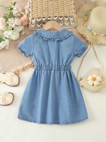 年轻女孩休闲舒适彼得潘领短袖牛仔连衣裙，简约风格 - 中等水洗藍 - 查看 2