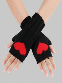 ROMWE Kawaii 1pair Ladies' Red & Black Heart Cutout Fingerless Gloves, Suitable For All Seasons And Valentine'S Day - Multicolor - View 1