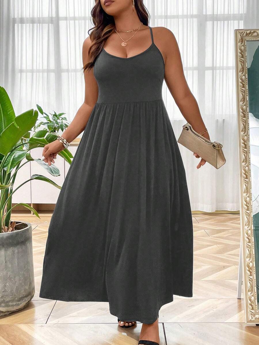 SHEIN LUNE Kích thước lớn Quý cô Trở lại Dây đai Váy Dây - Xám - Xem 1