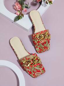 女性多色花卉布料鏈扣裝飾風格平底涼鞋,布料的顏色和圖案是隨機的 - 彩色 - 查看 1