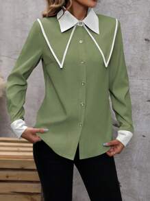 SHEIN Frenchy 女士對比色法式復古襯衫 - 綠色 - 查看 5