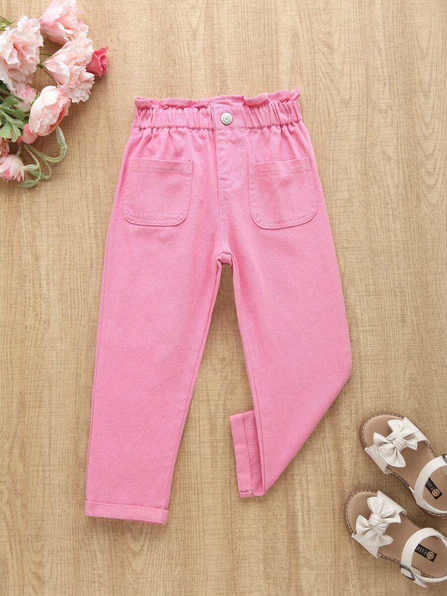 Toddler Girls' Pink Flower Embroidered High Waist Tapered Jeans - Pink - View 1