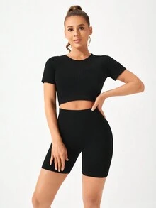 Easithlete Traje Deportivo De Color Liso Sin Costuras Para Mujer - Negro - Ver 4