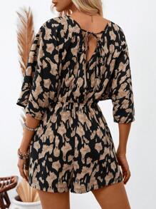 SHEIN LUNE Women's V-Neck Batwing Sleeve Backless Tie Bow Casual Vintage Printed Romper For Holiday - Multicolor - View 2
