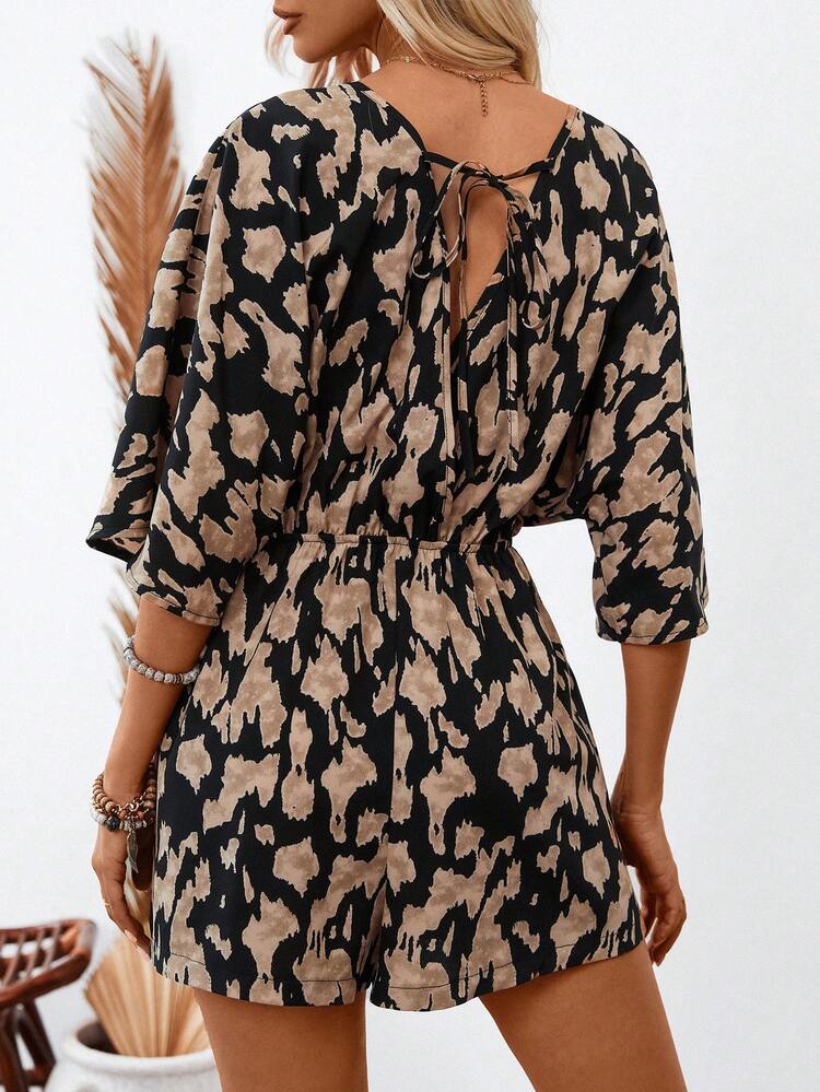 Women's V-Neck Batwing Sleeve Backless Tie Bow Casual Vintage Printed Romper For Holiday