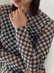 FRIFUL Áo thun nữ tay dài họa tiết kẻ caro cổ đứng, quần áo nữ mùa thu - Đen và trắng - Xem 8