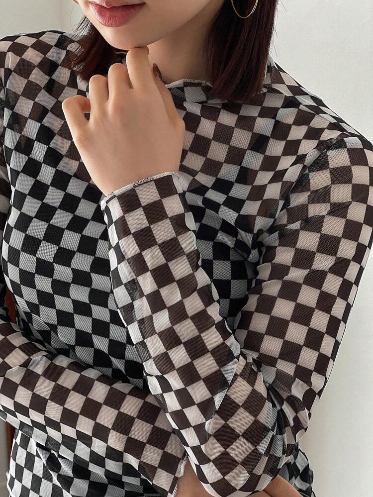 Women's Stand Collar Plaid Pattern T-Shirt Sheer Long Sleeve Women Tops,Fall Women Clothes
