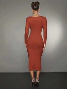 SHEIN BAE Vestido De Manga Larga Con Escote Corazón Para Mujer - Óxido marrón - Ver 2