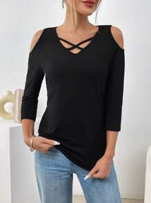 SHEIN Essnce Quý cô Lạnh vai Dây đeo Trang trí Áo thun - màu đen - Xem 1