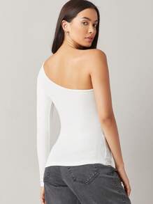 SHEIN BASICS One Shoulder Rib-knit Top - White - View 2