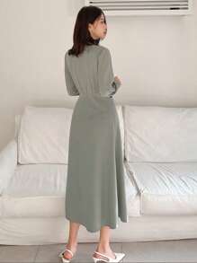 DAZY Vestido Camisa Longo com Cintura Marcada, Roupas de Outono - Verde - Visão 2