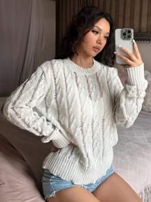 SHEIN Unity 女士纯色镂空针织毛衣 秋冬款 - 淺灰色 - 查看 5