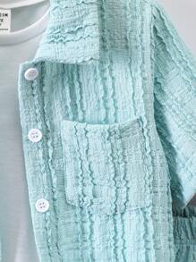 SHEIN 兒童男孩紋理短袖襯衫和短褲套裝 - 綠色 - 查看 6