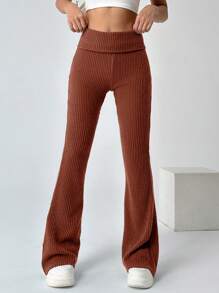 SHEIN EZwear Women's Fold-Over High Waist Flare Pants - Brown - View 1