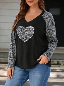 SHEIN LUNE Camiseta De Talla Grande Con Estampado De Leopardo Y Parches De Perlas - Negro - Ver 5