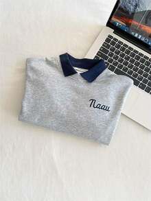 男童字母印花撞色領套頭衫 - 淺灰色 - 查看 6