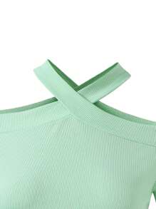 Teen Girl Solid Rib-Knit Cold Shoulder Top And Gold Dot Layered Skirt Two-Piece Set For Spring And Summer - Mint Green - View 3