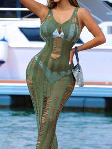 SHEIN SXY 女式空心針織毛衣連衣裙 - 軍綠色 - 查看 1