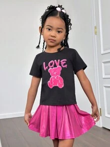 Toddler Girls' Cartoon Bear & Letter Print Short Sleeve Top With Round Neckline And Woven Skirt - Multicolor - View 5