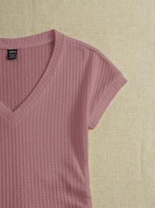 SHEIN EZwear Women's Solid Color V-Neck T-Shirt - Dusty Pink - View 3