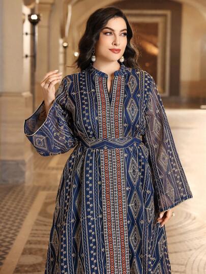 Layrah Plus Size Full Printed Notch Neck Long Sleeve Kaftan Jalabiya Dress, Elegant Luxury Evening Party Style