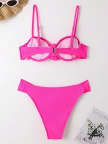 SHEIN Swim 女士 3d 花朵装饰比基尼套装夏季海滩 - 粉色 - 查看 5