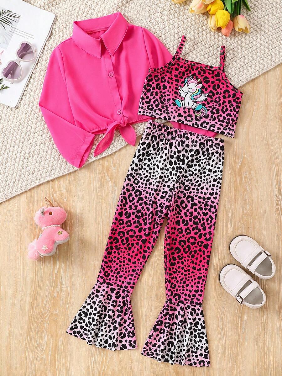 SHEIN Nhỏ bé Cô gái Màu thuần Áo sơ mi In hoa Báo Dây đeo Mì Ý  Áo Quần loe Giải trí - Nhiều màu - Xem 1