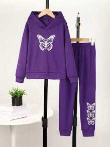 Tween Girls' Butterfly Print Hoodie And Sweatpants Set - Purple - View 1