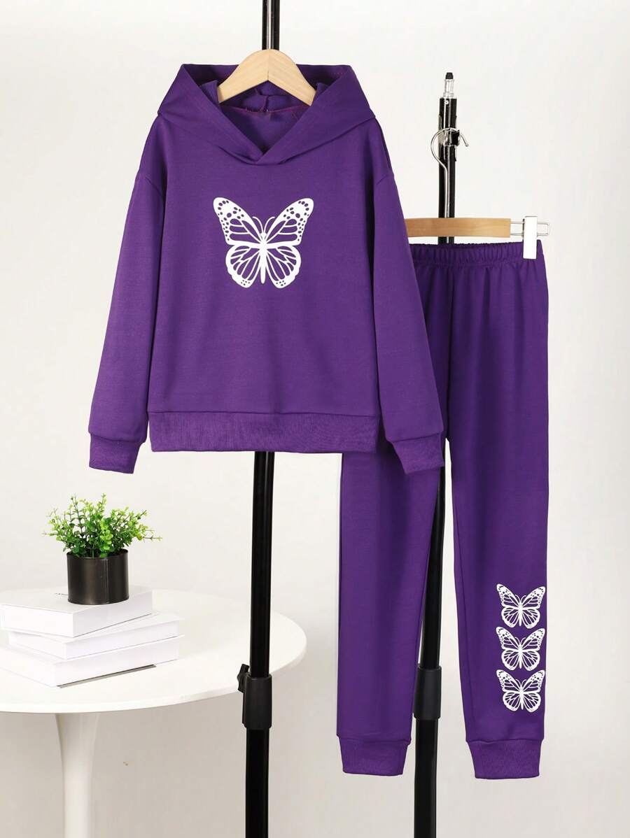 Tween Girls' Butterfly Print Hoodie And Sweatpants Set - Purple - View 1