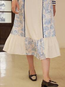 Simple Retro Polyester Printed Puff Sleeve Square Sleeve Long Dress - Blue - View 5