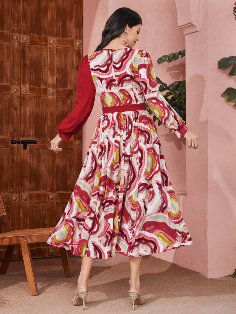 Women'S Lantern Sleeve Dress With Patchwork And Print Long Evening Dresses