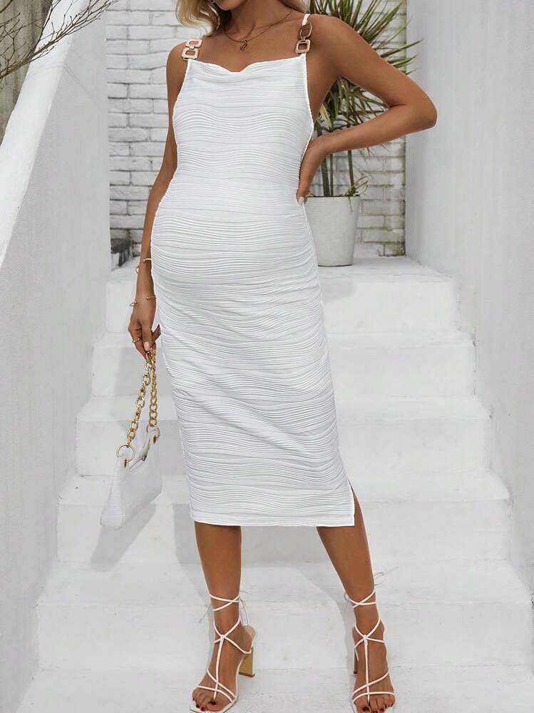 SHEIN Maternity Draped Collar Bodycon Spaghetti Strap Dress - White - View 1