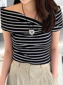 DAZY Women's Slim Fit Striped Off Shoulder T-Shirt - Black and White - View 5