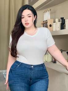 Dazy Plus Áo thun nữ cổ chữ V trơn đơn giản Slim Fit cơ bản - trắng - Xem 6