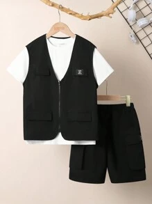 3 件/套 男生寬鬆休閒梭織實用背心、t 恤和短褲套裝 - 黑色 - 查看 14