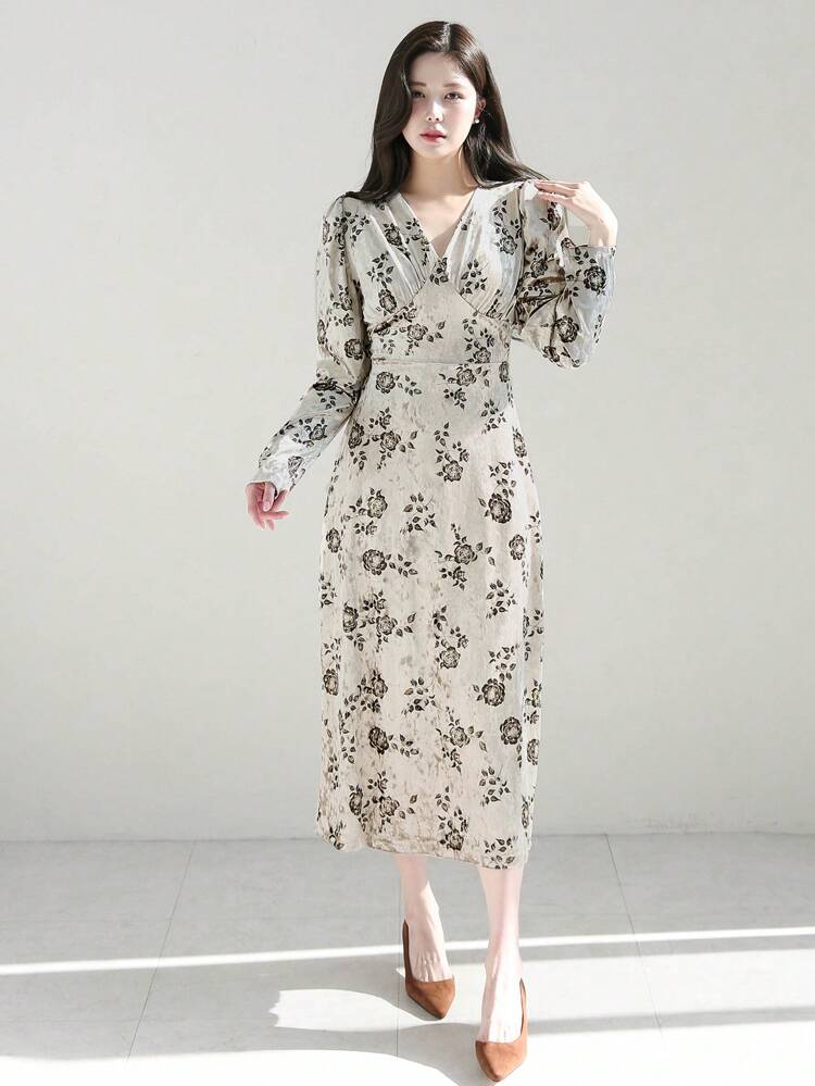 Women'S Casual Floral Print Dress,Fall Dress Long Sleeve Dress