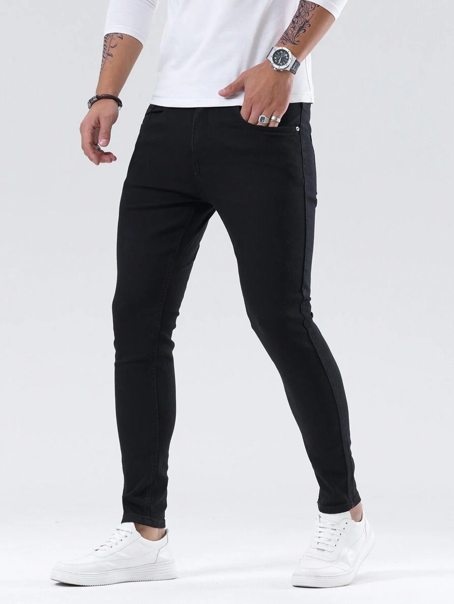 Manfinity Homme Men's Solid Color Slim Fit Jeans - Black - View 1