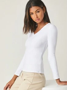 SHEIN BASICS Casual Versatile V-Neck Form Fitted Solid Tee - White - View 3