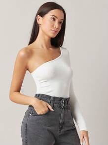 SHEIN BASICS One Shoulder Rib-knit Top - White - View 3
