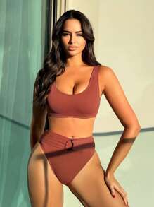 SHEIN Swim Ribbed Knit Bikini Swimwear Set With Ring Decoration Wedding Bathing Suit For Summer Beach - Rust Brown - View 1