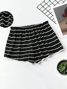 SHEIN LUNE 大尺碼女士黑白條紋短褲,曲線下擺和彈性腰帶 - 黑與白 - 查看 2