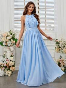 SHEIN Belle Adult Bridesmaid Dress With Ruffled Details, Halter Neckline, And Extra Large Swing Hem - Baby Blue - View 6