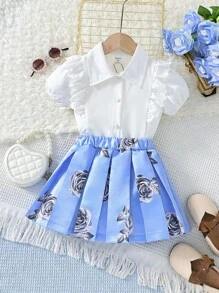 SHEIN Girls' School Style Shirt And Pleated Skirt 2pcs/Set For Little Girls And Kids - White - View 1