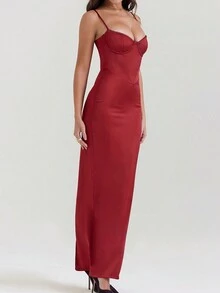 Ladies' Solid Color Cami Bridesmaid Dress - Red - View 6